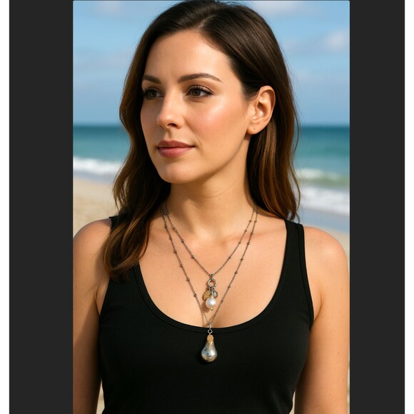 J. Jill Layered Necklace Silver Gold Pear Charm Beaded Rhinestone Adjustable NWT - Picture 1 of 13